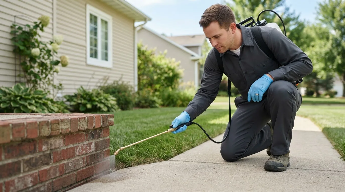 Pest control technician treating a home near Boothbay Harbor, ME
