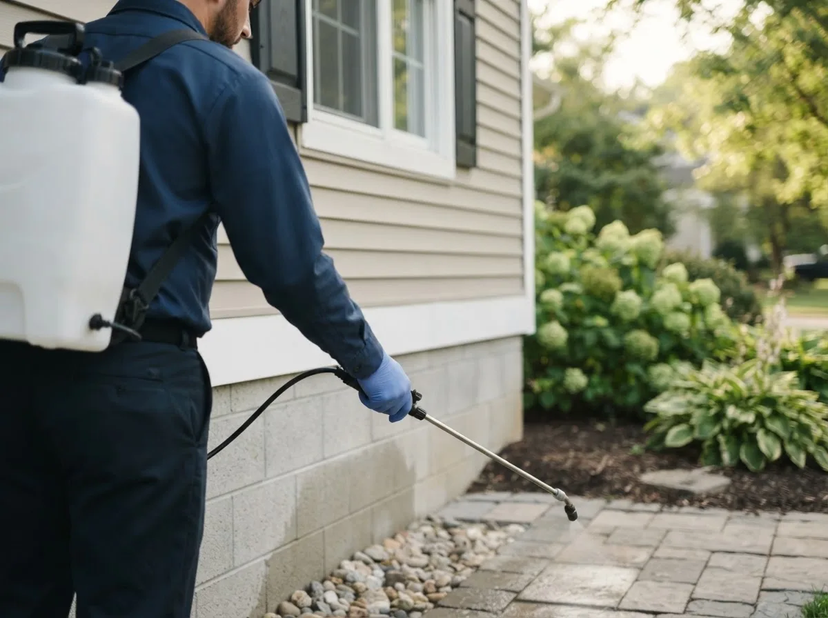 Pest control technician inspecting a home in Boothbay Harbor, ME